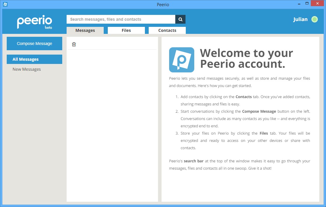 Screenshot des Programms „Peerio“ unter Windows