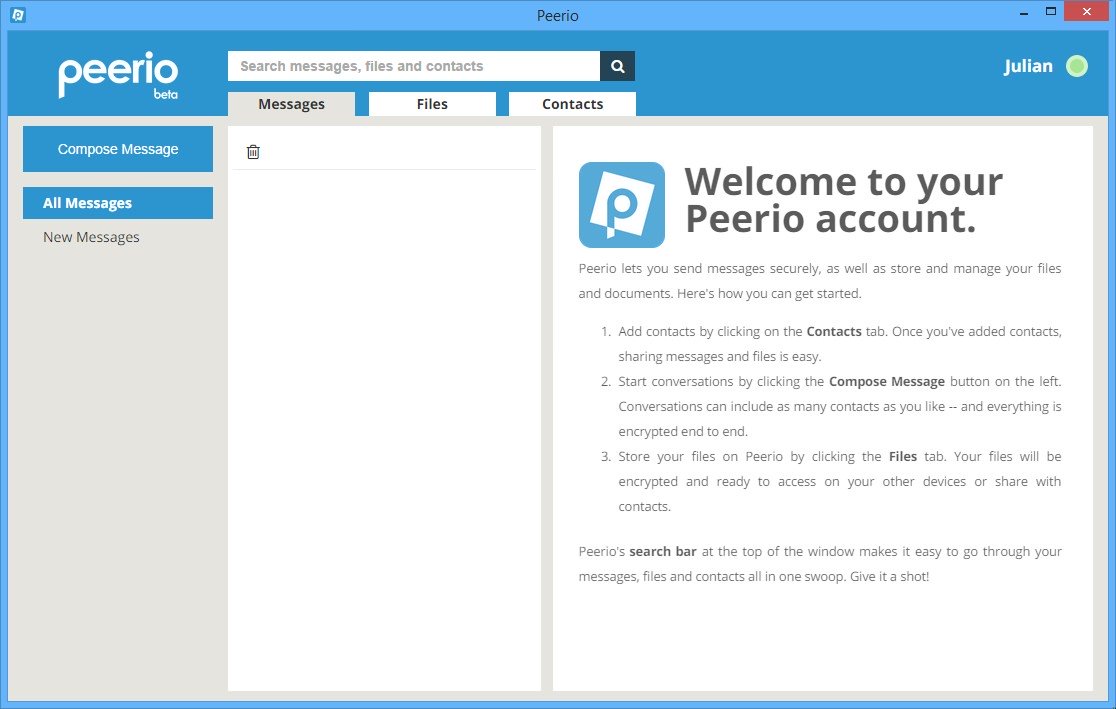 Screenshot des Programms „Peerio“ unter Windows